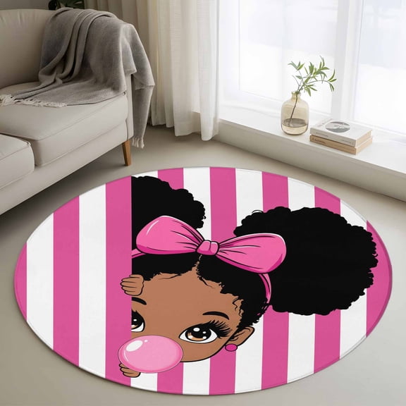 Round Rugs 4Ft, African Girl Round Area Rug Washable Indoor Throw Carpet, Afro American Black Girl with Bubble Pink Stripes Soft Non Slip Circle Rug for Kitchen Nursery Room Home Decor Aesthetic