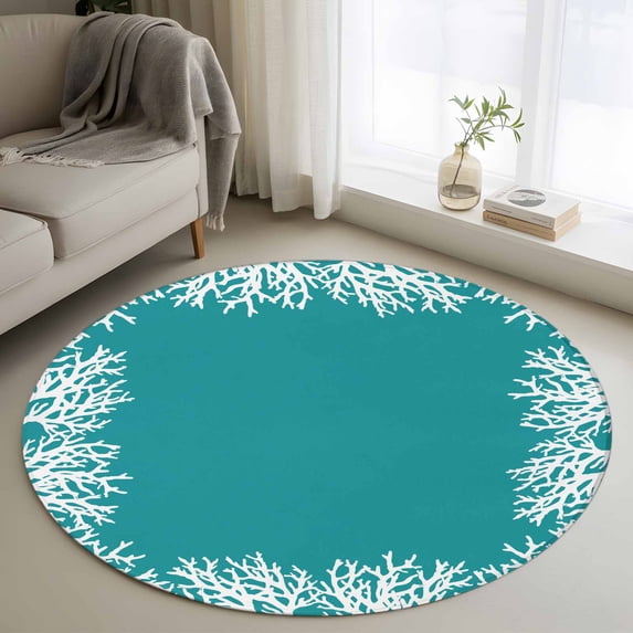 Round Rugs 4Ft, Aqua Coastal Coral Round Area Rug Washable Indoor Throw Carpet, White Ocean Marine Sea Nautical Beach Soft Non Slip Circle Rug for Kitchen Nursery Room Home Decor Aesthetic