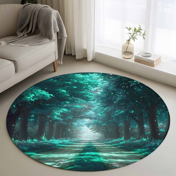 Round Rugs 4Ft, Aque Trees Round Area Rug Washable Indoor Throw Carpet, Forest Art Decor Spring Summer Nature Leaf Soft Non Slip Circle Rug for Kitchen Nursery Room Home Decor Aesthetic