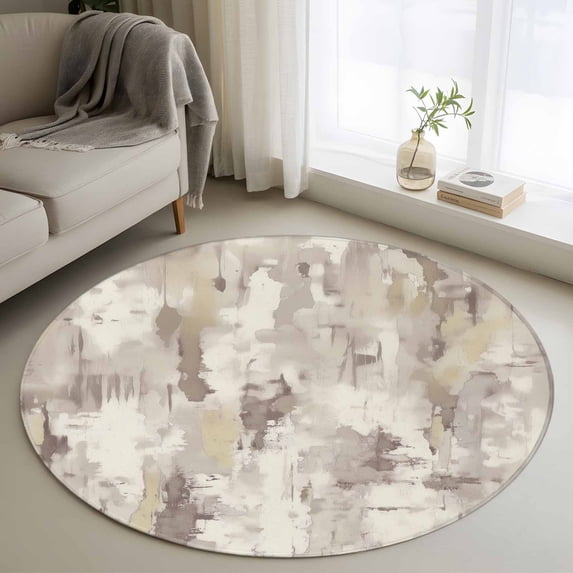 Round Rugs 4Ft, Beige Abstract Round Area Rug Washable Indoor Throw Carpet, Modern Oil Painted Art Contemporary Soft Non Slip Circle Rug for Kitchen Nursery Room Home Decor Aesthetic