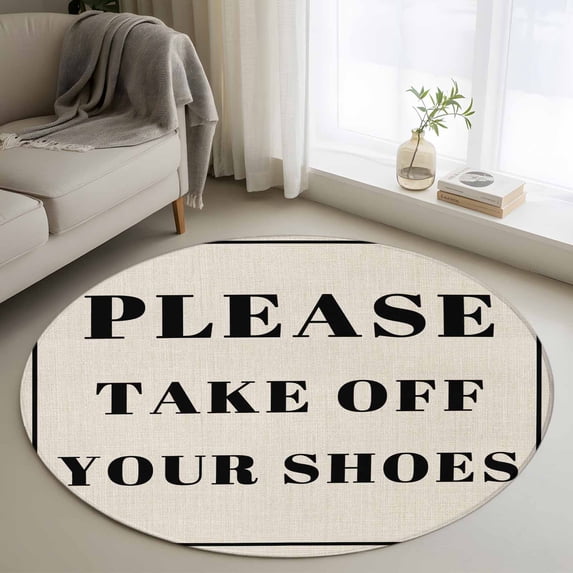 Round Rugs 4Ft, Beige Letter Round Area Rug Washable Indoor Throw Carpet, Modern Minimalist White Text Striped Soft Non Slip Circle Rug for Kitchen Nursery Room Home Decor Aesthetic