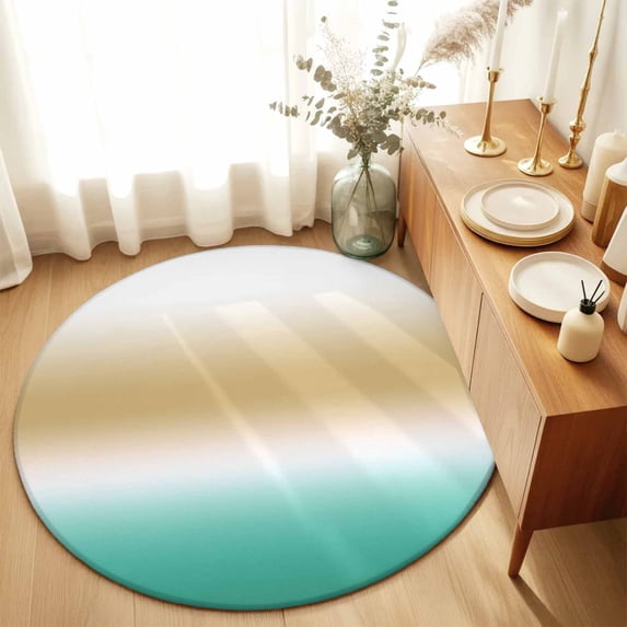 Round Rugs 4Ft, Beige Teal Ombre Round Area Rug Washable Indoor Throw Carpet, Turquoise Farmhouse Aesthetic Gradient Soft Non Slip Circle Rug for Kitchen Nursery Room Home Decor Aesthetic