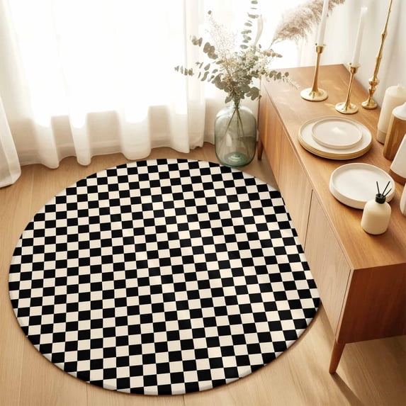 Round Rugs 4Ft, Black Beige Checkered Round Area Rug Washable Indoor Throw Carpet, Modern Farmhouse Buffalo Plaid Soft Non Slip Circle Rug for Kitchen Nursery Room Home Decor Aesthetic