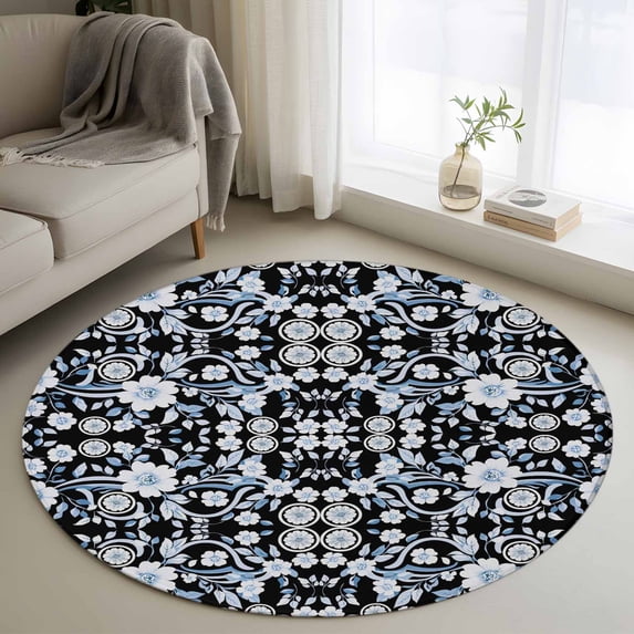 Round Rugs 4Ft, Black Blue Floral Round Area Rug Washable Indoor Throw Carpet, Vintage Pastoral Botanical Leaves Soft Non Slip Circle Rug for Kitchen Nursery Room Home Decor Aesthetic