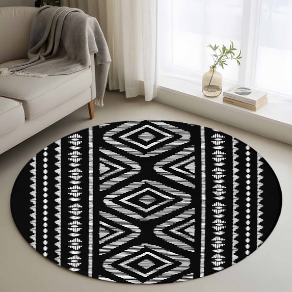 Round Rugs 4Ft, Black Boho Geometric Round Area Rug Washable Indoor Throw Carpet, Vintage Southwestern Stripes Soft Non Slip Circle Rug for Kitchen Nursery Room Home Decor Aesthetic