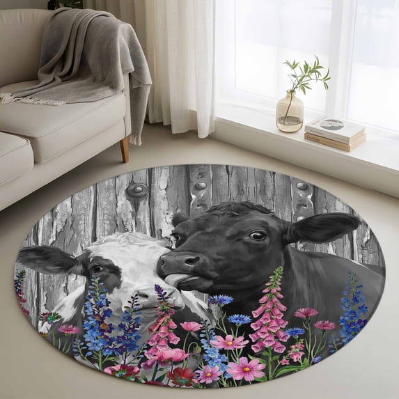 Round Rugs 4Ft, Black Cows Round Area Rug Washable Indoor Throw Carpet, Country Pink Spring Floral Elegant Farmhouse Wooden Soft Non Slip Circle Rug for Kitchen Nursery Room Home Decor Aesthetic