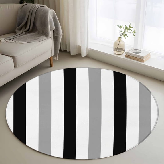 Round Rugs 4Ft, Black Gray Striped Round Area Rug Washable Indoor Throw Carpet, Farmhouse Stripe Art Soft Non Slip Circle Rug for Kitchen Nursery Room Home Decor Aesthetic
