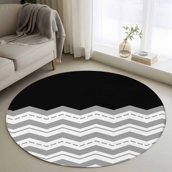 Round Rugs 4Ft, Black Grey Round Area Rug Washable Indoor Throw Carpet, Geometric Chevron Print Wavy Striped White Soft Non Slip Circle Rug for Kitchen Nursery Room Home Decor Aesthetic