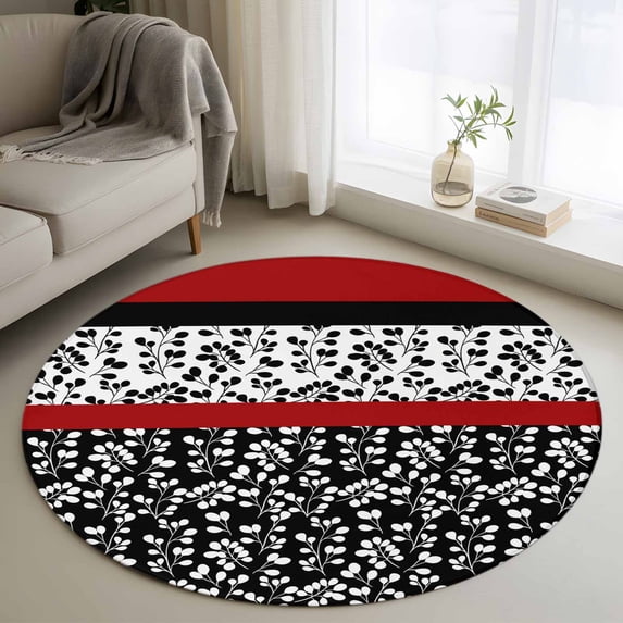 Round Rugs 4Ft, Black Red Round Area Rug Washable Indoor Throw Carpet, Garden Floral Stripe Aesthetic Flower Boho Soft Non Slip Circle Rug for Kitchen Nursery Room Home Decor Aesthetic