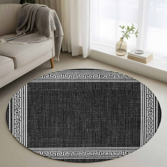 Round Rugs 4Ft, Black Retro Greek Key Round Area Rug Washable Indoor Throw Carpet, Greece Ancient Rustic Geometric Soft Non Slip Circle Rug for Kitchen Nursery Room Home Decor Aesthetic