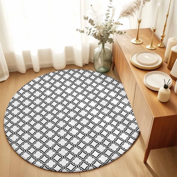 Round Rugs 4Ft, Black White Morocco Round Area Rug Washable Indoor Throw Carpet, Modern Abstract Classic Geometric Soft Non Slip Circle Rug for Kitchen Nursery Room Home Decor Aesthetic