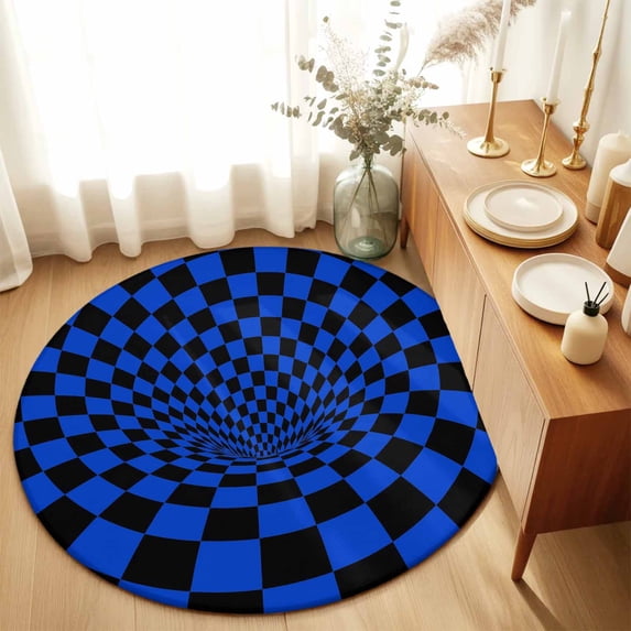 Round Rugs 4Ft, Blue Black Checkered Round Area Rug Washable Indoor Throw Carpet, Modern Abstract Art Soft Non Slip Circle Rug for Kitchen Nursery Room Home Decor Aesthetic