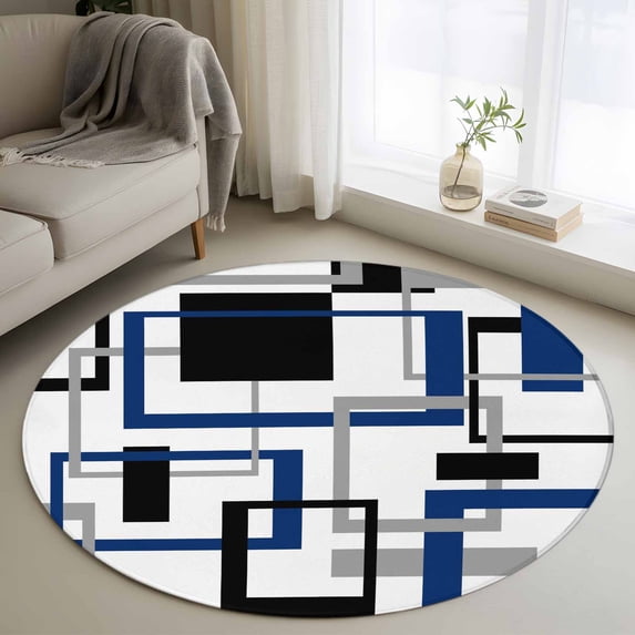 Round Rugs 4Ft, Blue Black Geometric Round Area Rug Washable Indoor Throw Carpet, Modern Minimalist Stripes Aesthetic Soft Non Slip Circle Rug for Kitchen Nursery Room Home Decor Aesthetic