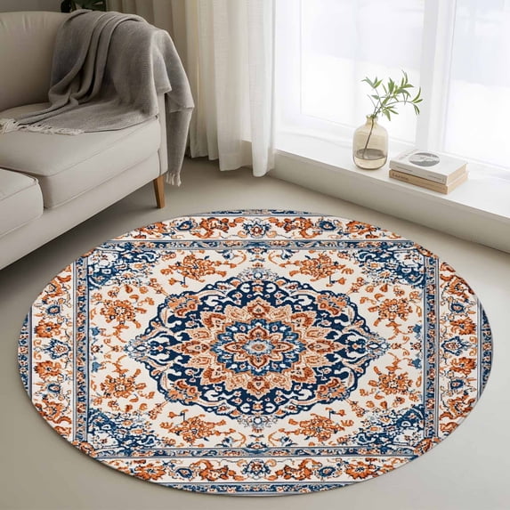 Round Rugs 4Ft, Blue Burnt Orange Boho Round Area Rug Washable Indoor Throw Carpet, Antique Southwestern Ethnic Soft Non Slip Circle Rug for Kitchen Nursery Room Home Decor Aesthetic