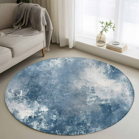 Round Rugs 4Ft, Blue Grey Round Area Rug Washable Indoor Throw Carpet, Oil Painting Modern Abstract Soft Non Slip Circle Rug for Kitchen Nursery Room Home Decor Aesthetic