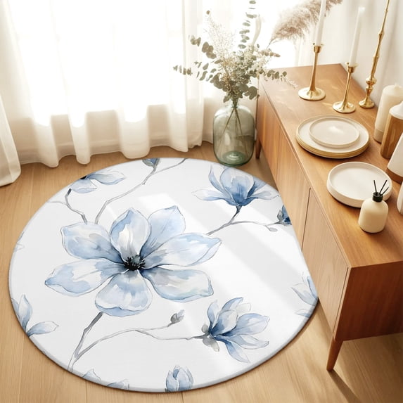Round Rugs 4Ft, Blue Painting Floral Round Area Rug Washable Indoor Throw Carpet, Farmhouse Flowers Classic Soft Non Slip Circle Rug for Kitchen Nursery Room Home Decor Aesthetic