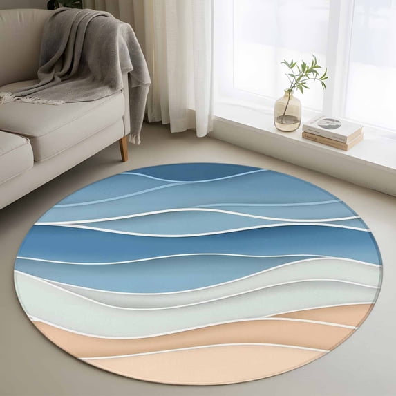 Round Rugs 4Ft, Blue Round Area Rug Washable Indoor Throw Carpet, Ocean Wave Stripes Modern Abstract Beach Geometric Soft Non Slip Circle Rug for Kitchen Nursery Room Home Decor Aesthetic