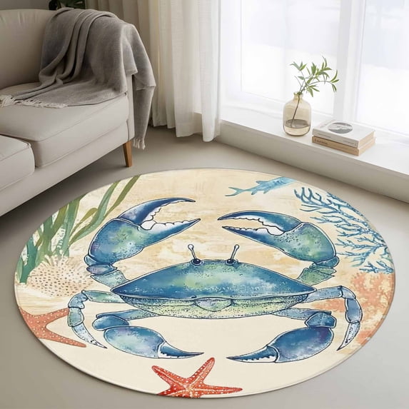 Round Rugs 4Ft, Blue Teal Crab Coastal Round Area Rug Washable Indoor Throw Carpet, Nautical Beach Coral Starfish Soft Non Slip Circle Rug for Kitchen Nursery Room Home Decor Aesthetic