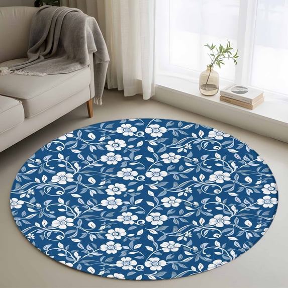 Round Rugs 4Ft, Blue White Floral Round Area Rug Washable Indoor Throw Carpet, Farmhouse Retro Botanical Leaves Soft Non Slip Circle Rug for Kitchen Nursery Room Home Decor Aesthetic