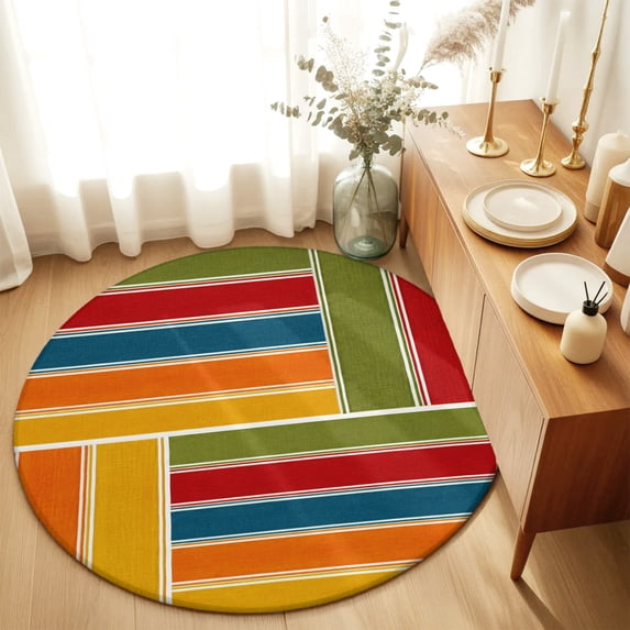 Round Rugs 4Ft, Bohemia Round Area Rug Washable Indoor Throw Carpet, Retro Minimalist Geometric Stripes Patchwork Rustic Soft Non Slip Circle Rug for Kitchen Nursery Room Home Decor Aesthetic