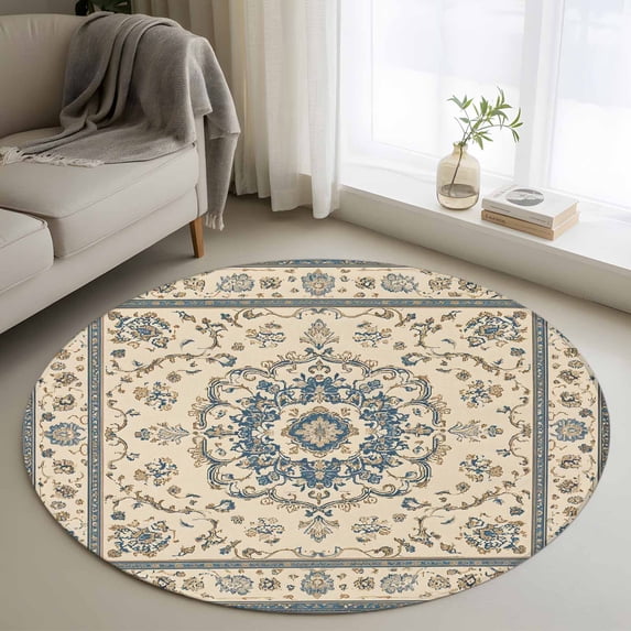 Round Rugs 4Ft, Boho Blue Round Area Rug Washable Indoor Throw Carpet, Southwestern Ethnic Geometric Rustic Soft Non Slip Circle Rug for Kitchen Nursery Room Home Decor Aesthetic
