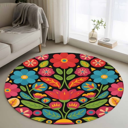 Round Rugs 4Ft, Boho Flower Round Area Rug Washable Indoor Throw Carpet, Red Blue Yellow Colorful Mexico Tribal Soft Non Slip Circle Rug for Kitchen Nursery Room Home Decor Aesthetic