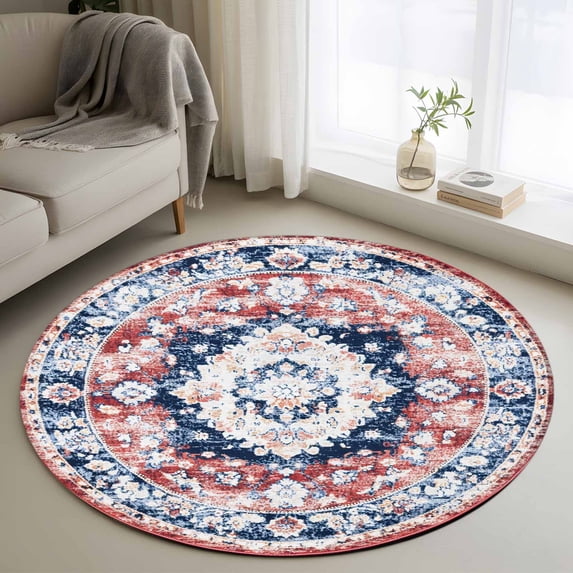 Round Rugs 4Ft, Boho Red Blue Round Area Rug Washable Indoor Throw Carpet, Retro Geometric Southwestern Ethnic Soft Non Slip Circle Rug for Kitchen Nursery Room Home Decor Aesthetic