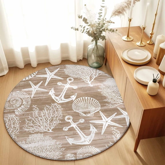Round Rugs 4Ft, Brown Anchor Nautical Round Area Rug Washable Indoor Throw Carpet, Coastal Beach Coral Starfish Soft Non Slip Circle Rug for Kitchen Nursery Room Home Decor Aesthetic