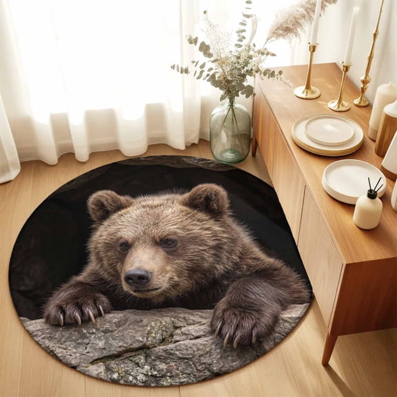 Round Rugs 4Ft, Brown Bear Round Area Rug Washable Indoor Throw Carpet, 3D Optical Illusion Wild Animals on Stones Soft Non Slip Circle Rug for Kitchen Nursery Room Home Decor Aesthetic