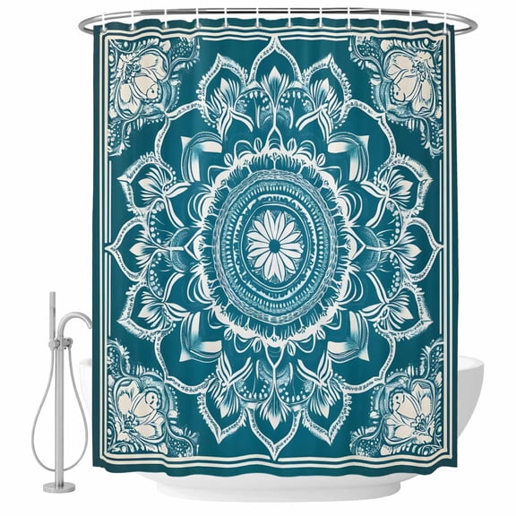 Xipuska Teal Boho Shower Curtain - Water Repellent Fabric Shower Curtains Washable, Ethnic Chic Rustic Abstract Floral Aesthetic Decorative Polyester Cloth Bathroom Curtains Modern Bath Decor 36"x72"