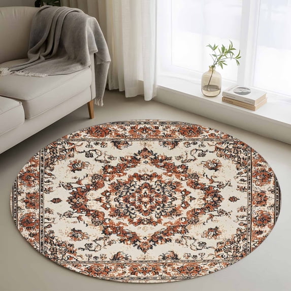 Round Rugs 4Ft, Burnt Orange Boho Round Area Rug Washable Indoor Throw Carpet, Modern Ethnic Geometric Southwestern Soft Non Slip Circle Rug for Kitchen Nursery Room Home Decor Aesthetic