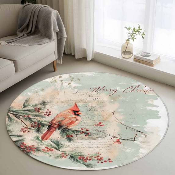 Round Rugs 4Ft, Christmas Round Area Rug Washable Indoor Throw Carpet, Xmas Birds Botanical Watercolor Berry Soft Non Slip Circle Rug for Kitchen Nursery Room Home Decor Aesthetic