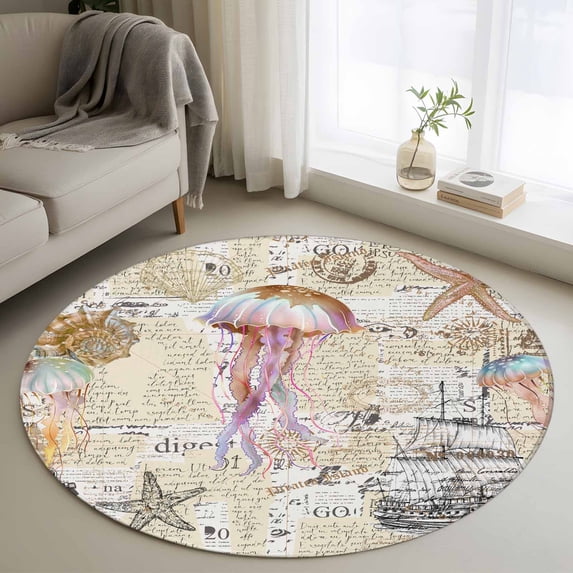Round Rugs 4Ft, Coastal Jellyfish Round Area Rug Washable Indoor Throw Carpet, Vintage Nautical Summer Beach Starfish Soft Non Slip Circle Rug for Kitchen Nursery Room Home Decor Aesthetic
