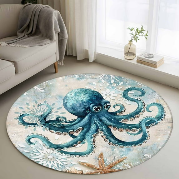 Round Rugs 4Ft, Coastal Octopus Round Area Rug Washable Indoor Throw Carpet, Nautical Botanical Starfish Soft Non Slip Circle Rug for Kitchen Nursery Room Home Decor Aesthetic
