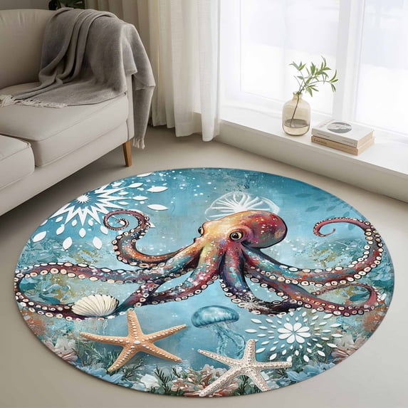 Round Rugs 4Ft, Coastal Octopus Round Area Rug Washable Indoor Throw Carpet, Vintage Teal Nautical Beach Botanical Soft Non Slip Circle Rug for Kitchen Nursery Room Home Decor Aesthetic