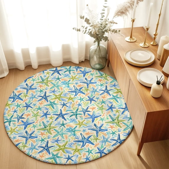 Round Rugs 4Ft, Coastal Starfish Round Area Rug Washable Indoor Throw Carpet, Summer Nautical Ocean Marine Life Soft Non Slip Circle Rug for Kitchen Nursery Room Home Decor Aesthetic