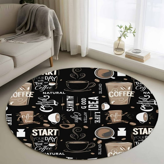 Round Rugs 4Ft, Coffee Black Round Area Rug Washable Indoor Throw Carpet, Brown Beans Cup Dessert Drink Monochrome Soft Non Slip Circle Rug for Kitchen Nursery Room Home Decor Aesthetic