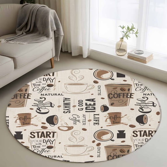 Round Rugs 4Ft, Coffee Round Area Rug Washable Indoor Throw Carpet, Brown Beans Cup Dessert Drink Monochrome Soft Non Slip Circle Rug for Kitchen Nursery Room Home Decor Aesthetic
