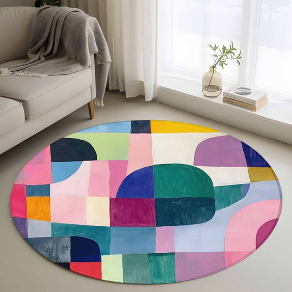 Round Rugs 4Ft, Colorful Abstract Art Round Area Rug Washable Indoor Throw Carpet, Modern Geometric Oil Painting Soft Non Slip Circle Rug for Kitchen Nursery Room Home Decor Aesthetic