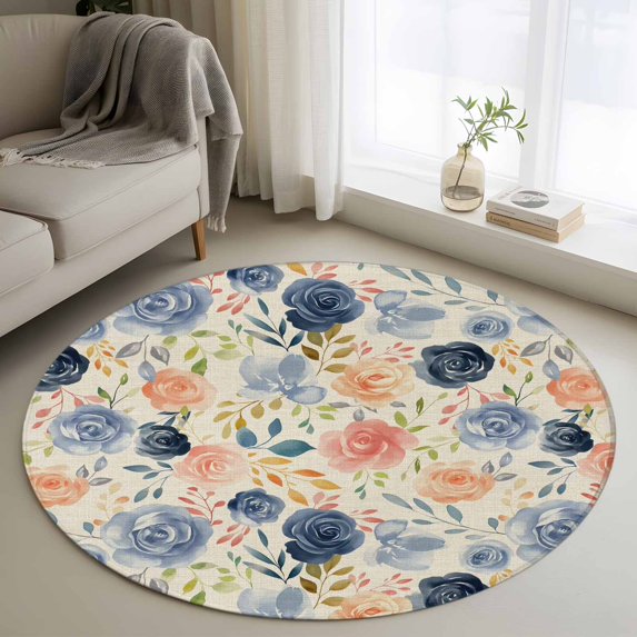Round Rugs 4Ft, Colorful Flowers Round Area Rug Washable Indoor Throw Carpet, Watercolor Retro Blue Pink Floral Soft Non Slip Circle Rug for Kitchen Nursery Room Home Decor Aesthetic