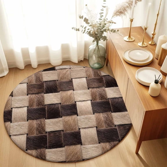 Round Rugs 4Ft, Country Cow Print Round Area Rug Washable Indoor Throw Carpet, Farmhouse Patchwork Cowhide Brown Soft Non Slip Circle Rug for Kitchen Nursery Room Home Decor Aesthetic