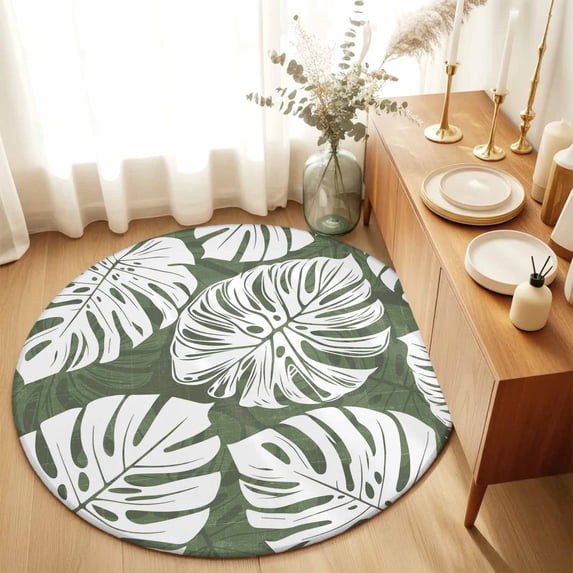 Round Rugs 4Ft, Dark Green Monstera Deliciosa Round Area Rug Washable Indoor Throw Carpet, Summer Botanical Tropical Soft Non Slip Circle Rug for Kitchen Nursery Room Home Decor Aesthetic