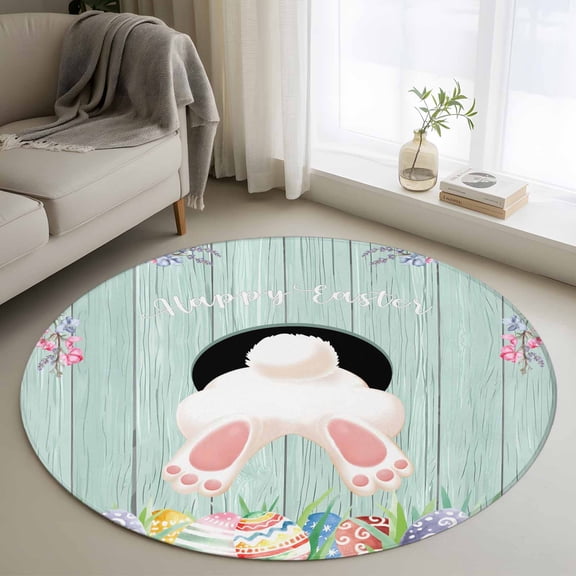 Round Rugs 4Ft, Easter Round Area Rug Washable Indoor Throw Carpet, Turquoise Bunny Eggs Spring Floral Wooden Soft Non Slip Circle Rug for Kitchen Nursery Room Home Decor Aesthetic