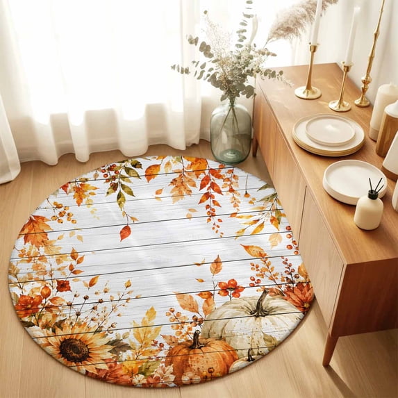 Round Rugs 4Ft, Fall Thanksgiving Round Area Rug Washable Indoor Throw Carpet, Farmhouse Pumpkin Maple Leaf Flower Wood Soft Non Slip Circle Rug for Kitchen Nursery Room Home Decor Aesthetic