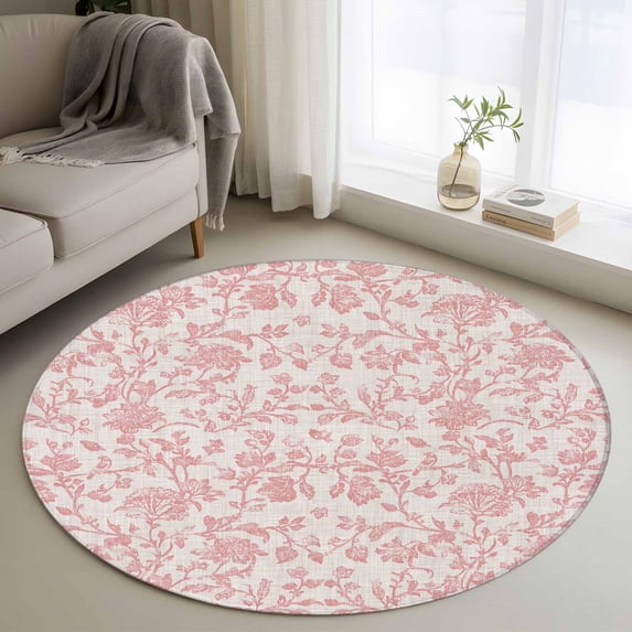 Round Rugs 4Ft, Farmhouse Flower Round Area Rug Washable Indoor Throw Carpet, Botanical Vintage Coral Red Leaf Plant Soft Non Slip Circle Rug for Kitchen Nursery Room Home Decor Aesthetic
