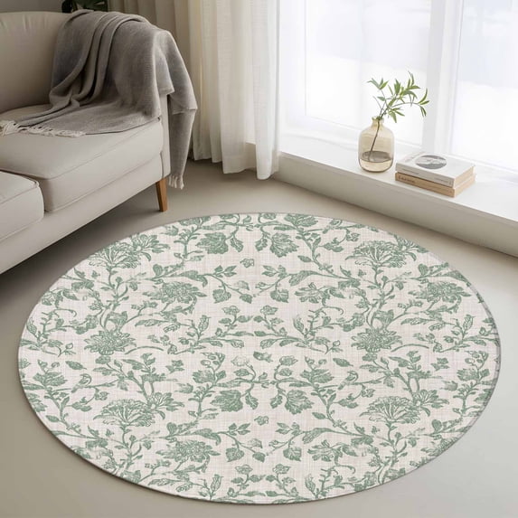 Round Rugs 4Ft, Farmhouse Flower Round Area Rug Washable Indoor Throw Carpet, Botanical Vintage Fruit Green Leaf Soft Non Slip Circle Rug for Kitchen Nursery Room Home Decor Aesthetic