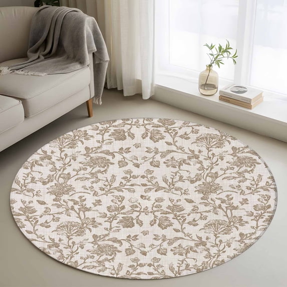 Round Rugs 4Ft, Farmhouse Khaki Round Area Rug Washable Indoor Throw Carpet, Vintage Flower Leaf Botanical Plant Soft Non Slip Circle Rug for Kitchen Nursery Room Home Decor Aesthetic