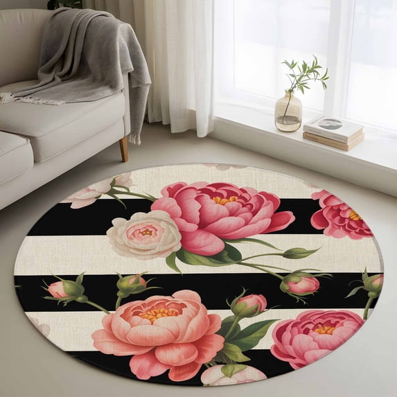 Round Rugs 4Ft, Flower Stripes Round Area Rug Washable Indoor Throw Carpet, Black White Geometric Pink Rose Floral Soft Non Slip Circle Rug for Kitchen Nursery Room Home Decor Aesthetic