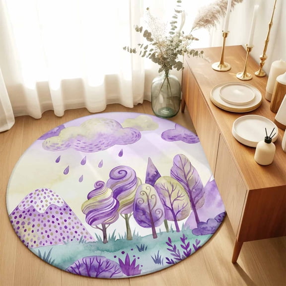 Round Rugs 4Ft, Forest Simple Line-drawing Round Area Rug Washable Indoor Throw Carpet, Purple Colorful Tree Grass Soft Non Slip Circle Rug for Kitchen Nursery Room Home Decor Aesthetic