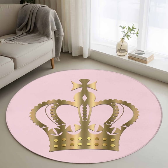 Round Rugs 4Ft, Golden Crown Round Area Rug Washable Indoor Throw Carpet, Pink Modern Minimalist Abstract Art Soft Non Slip Circle Rug for Kitchen Nursery Room Home Decor Aesthetic